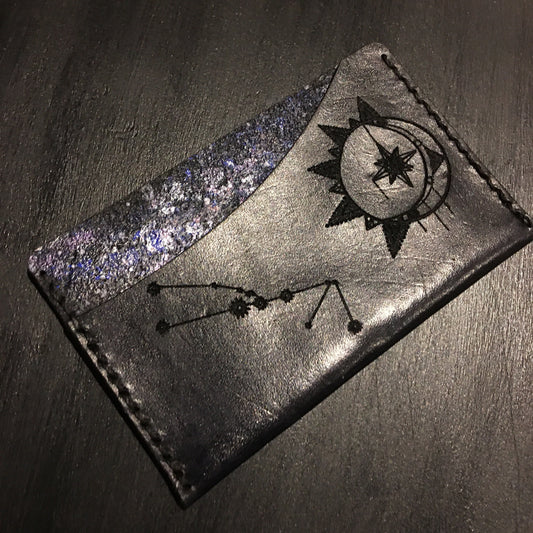 Astrological sign Single Pocket Leather Card Holder Minimalist Galaxy Celestial Wallet