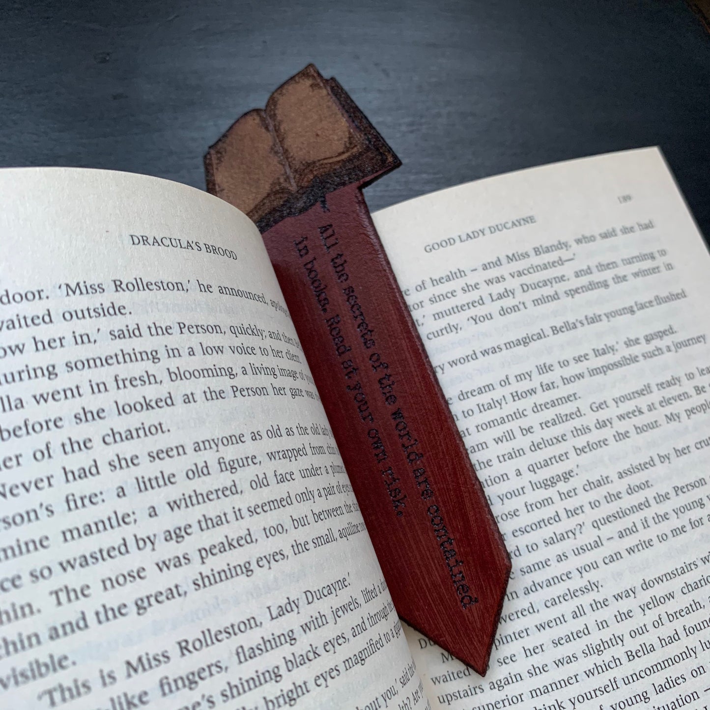Leather Personalised Bookmark Open Book  With Quote