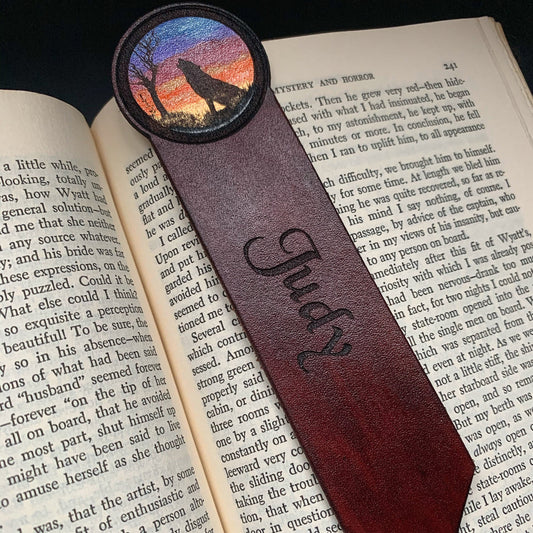 Sunset Wolf Personalized Leather Bookmark