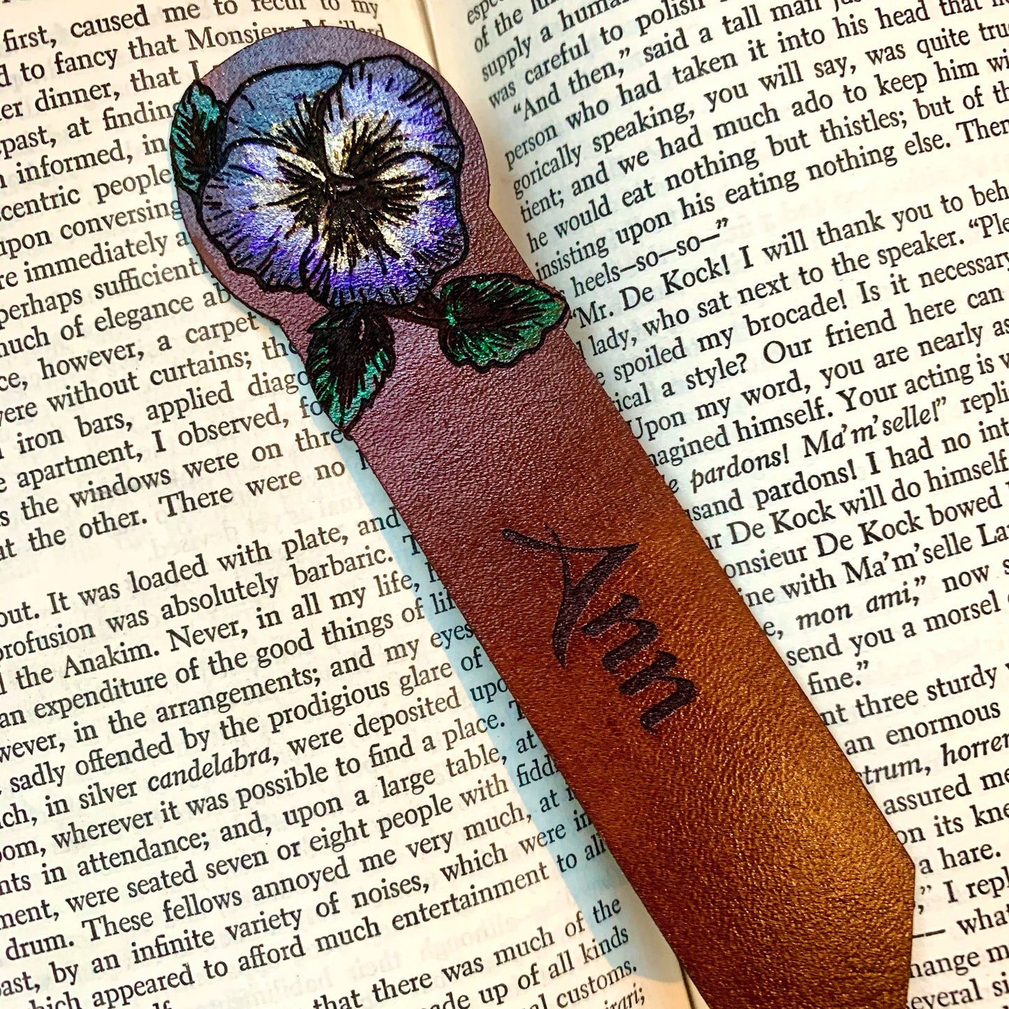 Pansy Leather Personalised Bookmark
