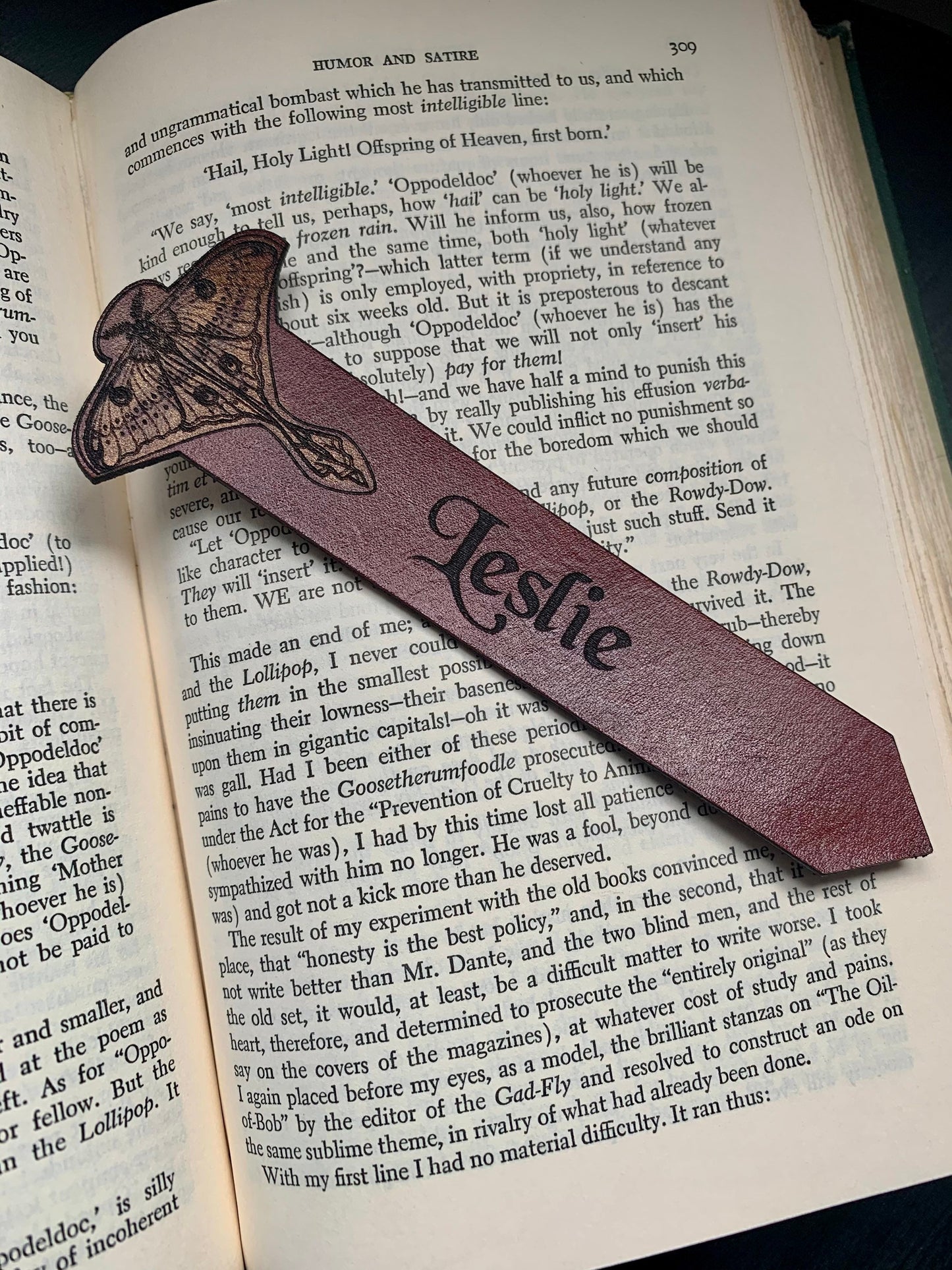 Luna Moth Leather Personalised Bookmark