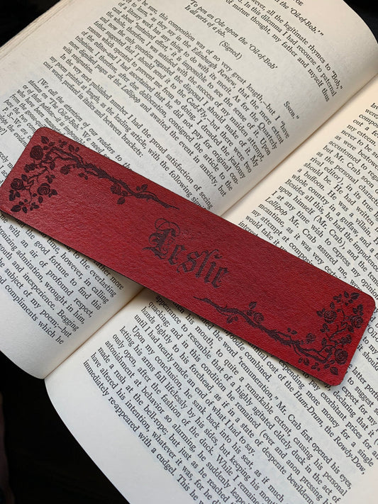 Roses and Thorns Leather Bookmark with Custom Text