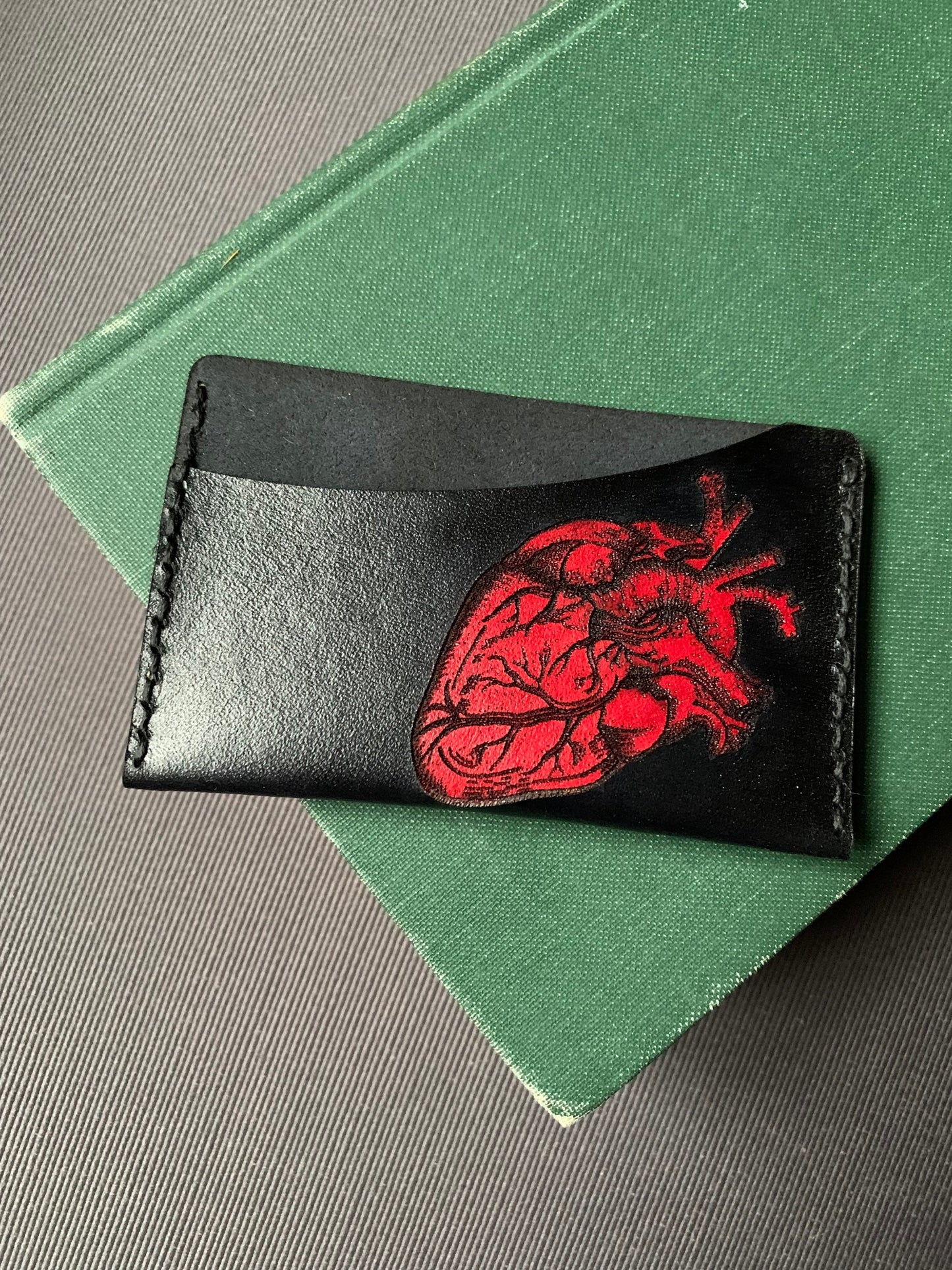 Anatomical Heart Single Pocket Leather Card Holder Black with Red