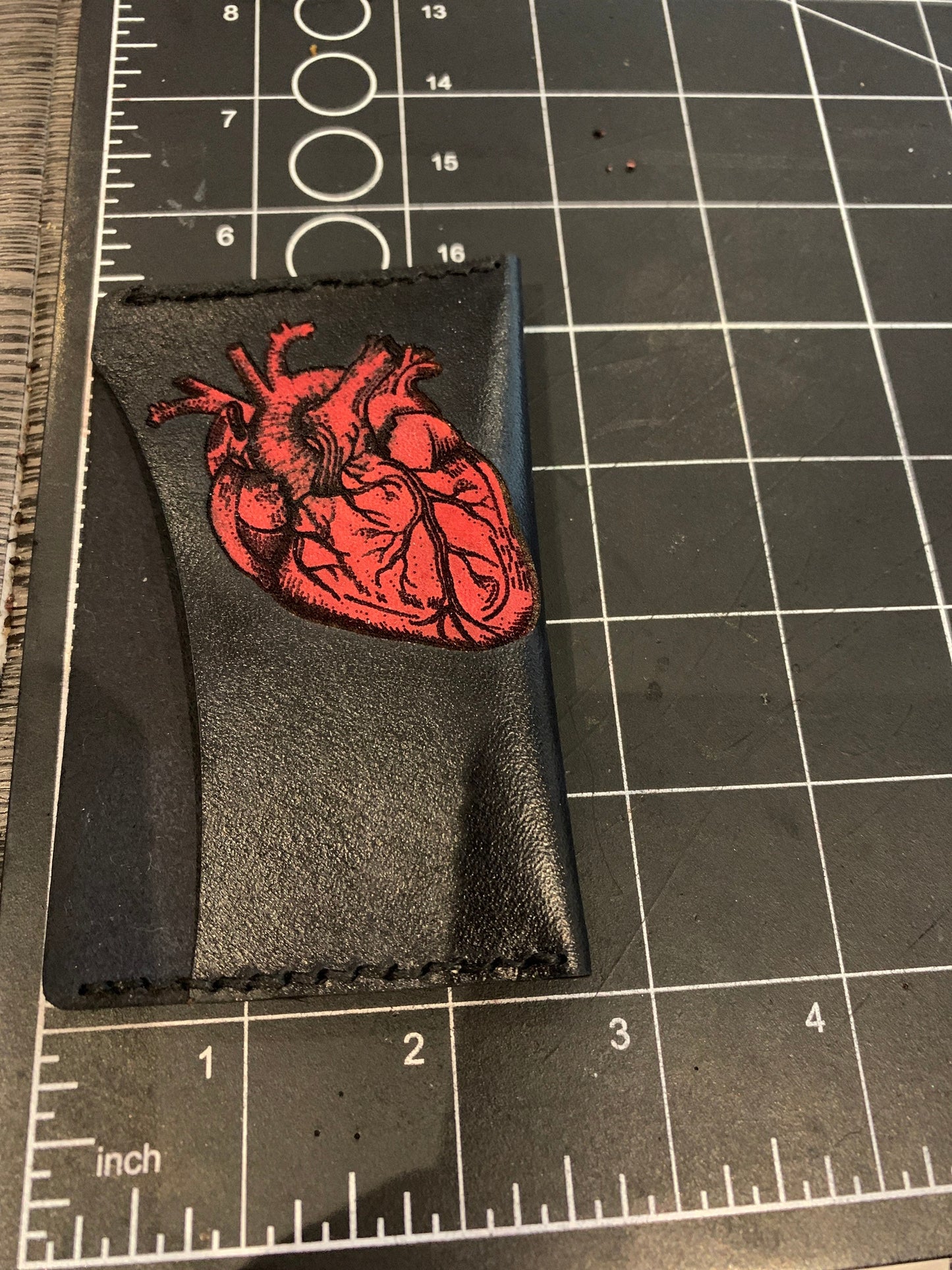 Anatomical Heart Single Pocket Leather Card Holder Black with Red