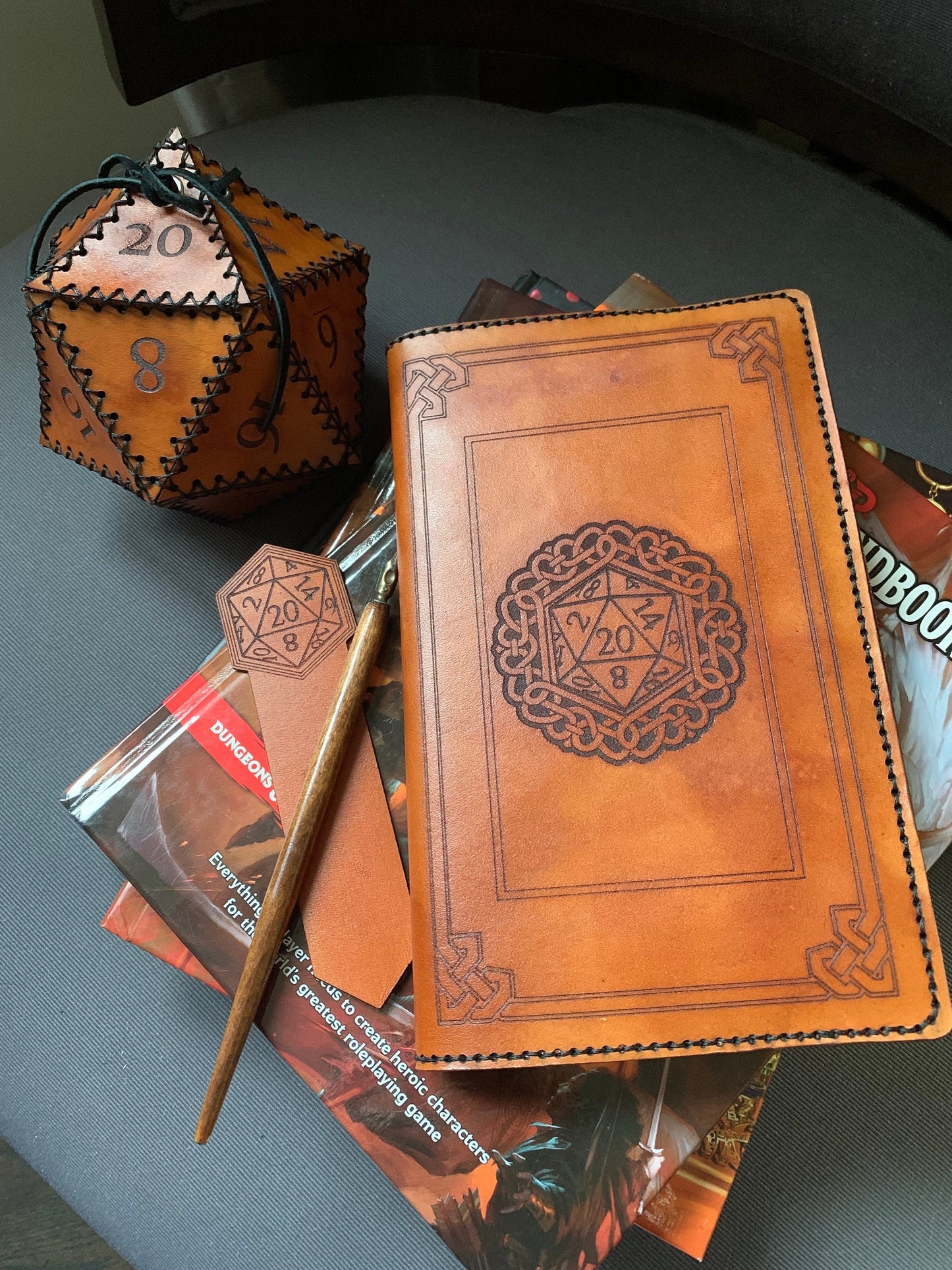 Gaming Set Leather Journal Bookmark and Dice Bag with D20 Engraved