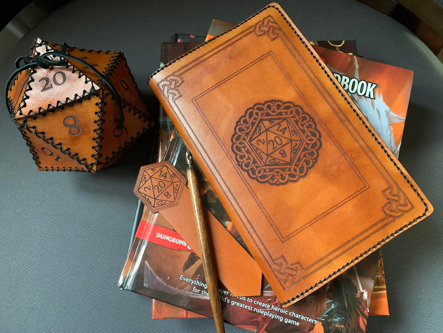 Gaming Set Leather Journal Bookmark and Dice Bag with D20 Engraved