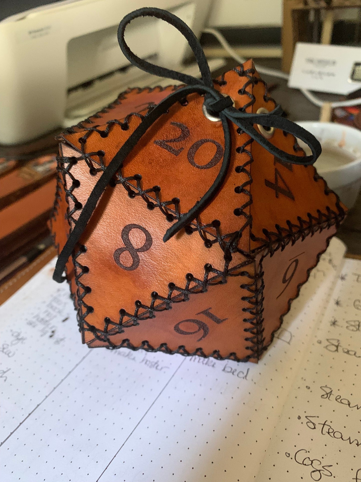 Gaming Set Leather Journal Bookmark and Dice Bag with D20 Engraved